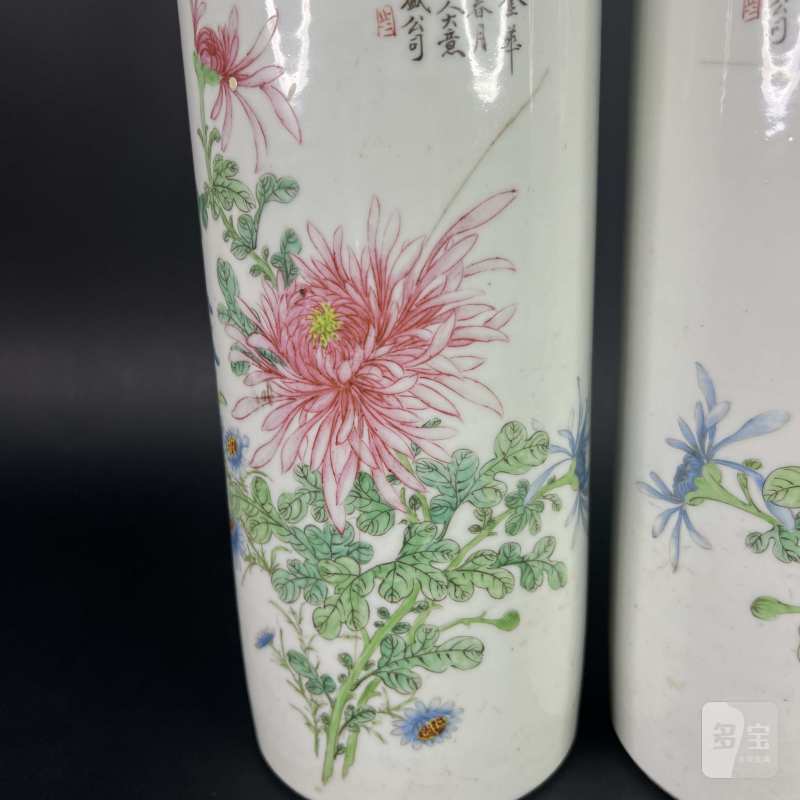 民国 粉彩花卉纹帽筒一对 - 图5